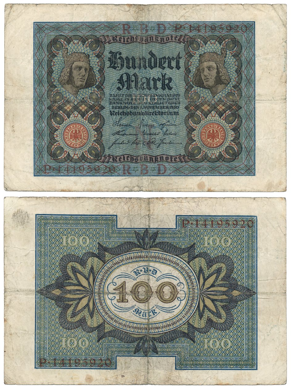 Een bankbiljet van honderd mark, 1920 (recto en verso) door German School