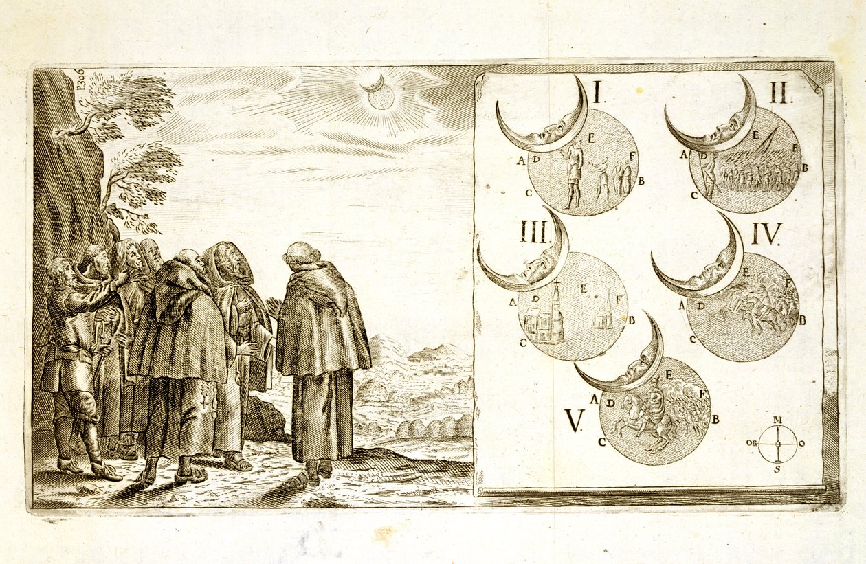 Een militaire aanval gepland in overeenstemming met de fasen van een zonsverduistering, illustratie uit een boek over de Ottomaanse campagnes in Europa, gegraveerd door Paul Furst (ca. 1605-66) door German School