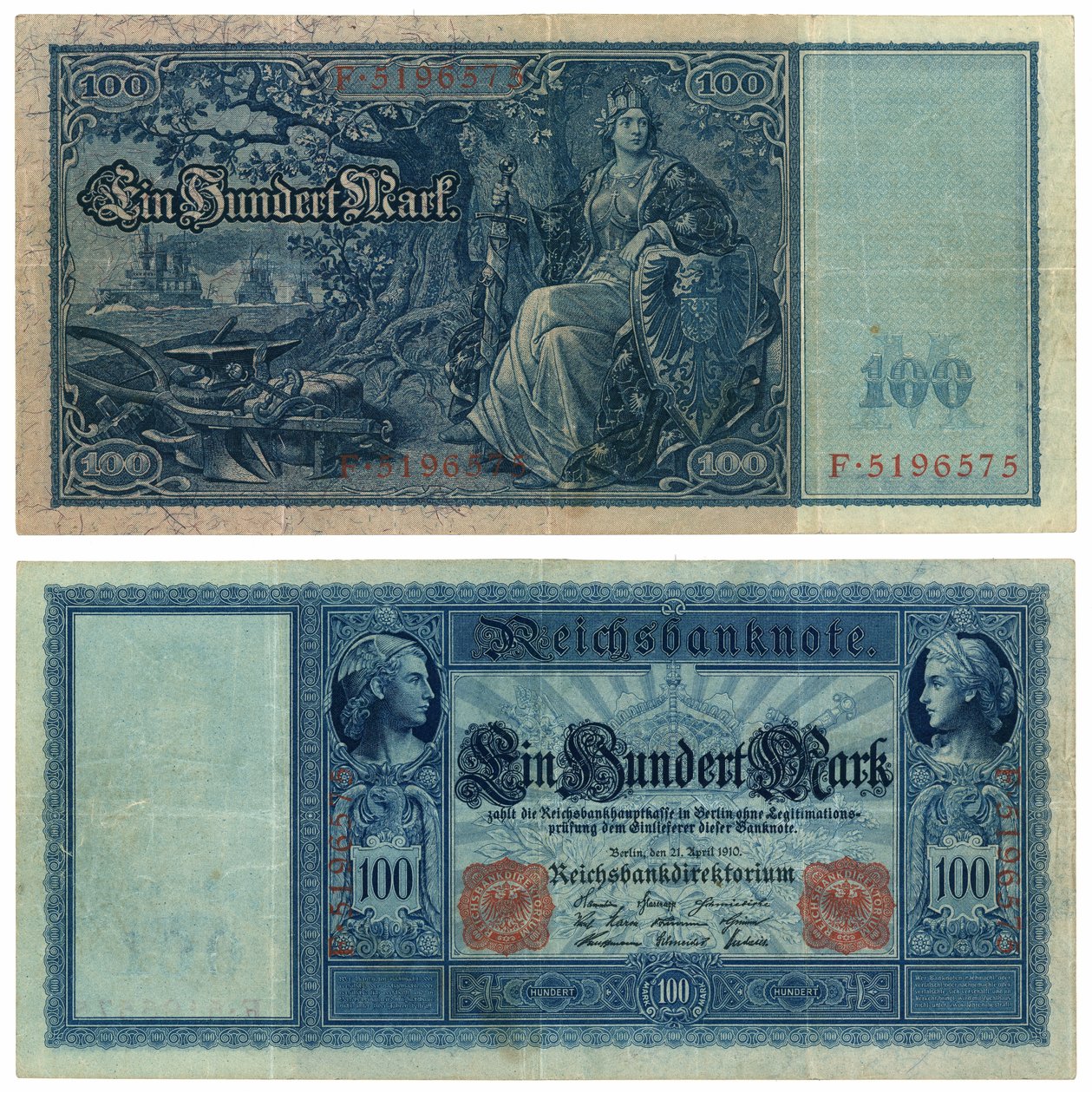 Een bankbiljet van honderd mark, 1910 (recto en verso) door German School