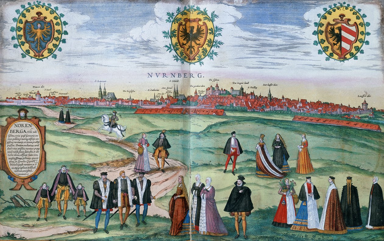 Een panoramisch uitzicht op Neurenberg, met figuren in lokale klederdracht op de voorgrond door German School