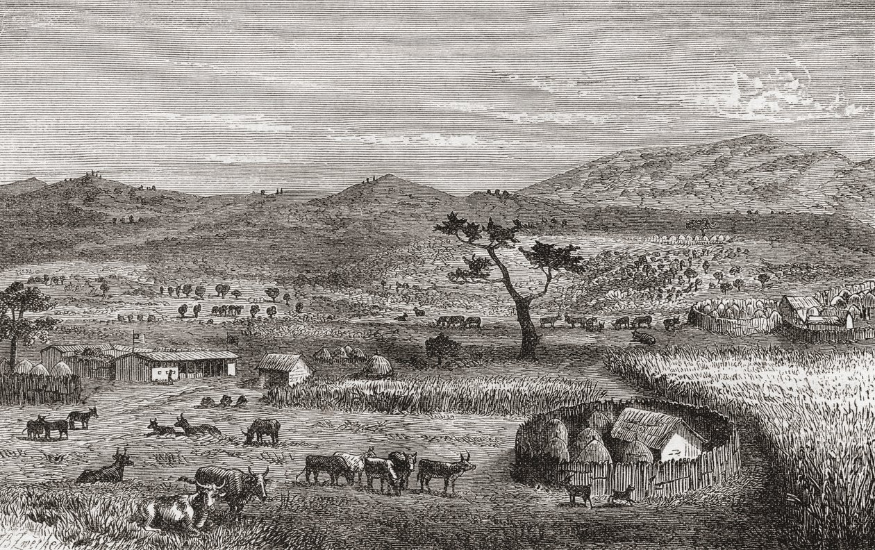 Een nederzetting in Kouihara, West-Afrika, illustratie uit 