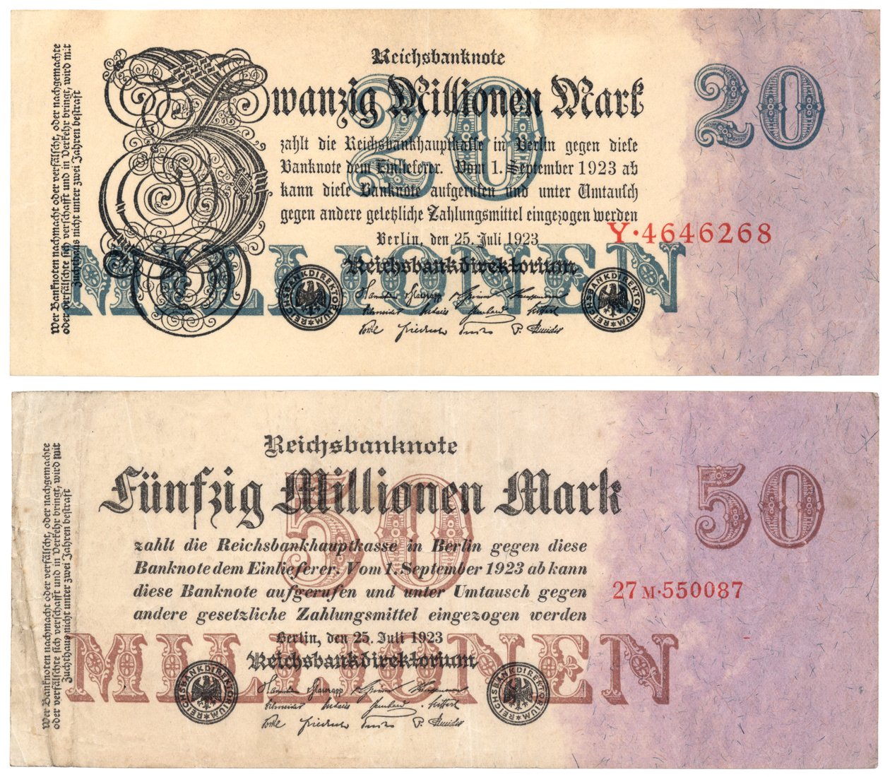 Een bankbiljet van twintig en vijftig miljoen mark, 1923 door German School