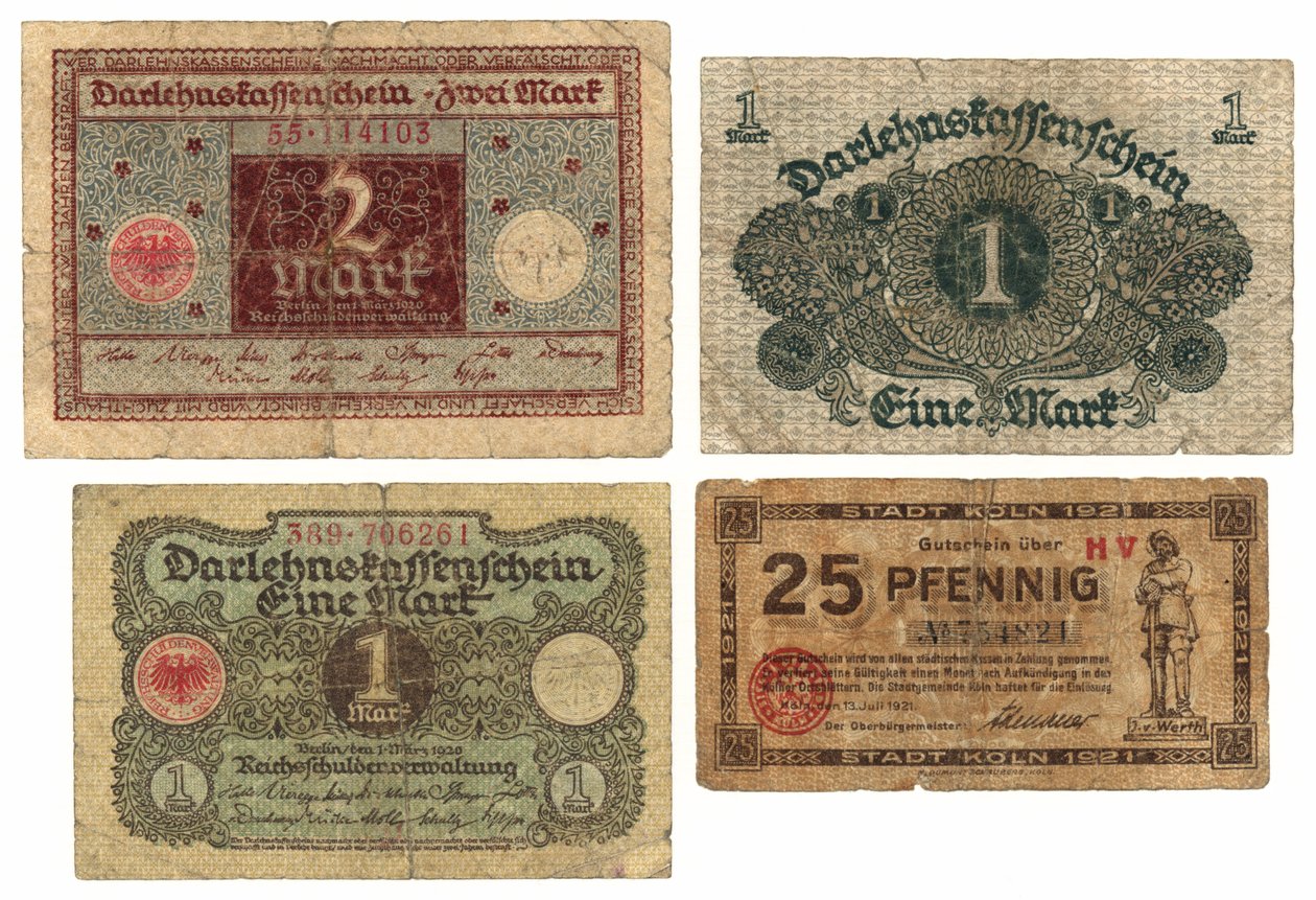 Een bankbiljet van twee mark, twee bankbiljetten van één mark en een bankbiljet van vijfentwintig pfennig, 1920-21 door German School
