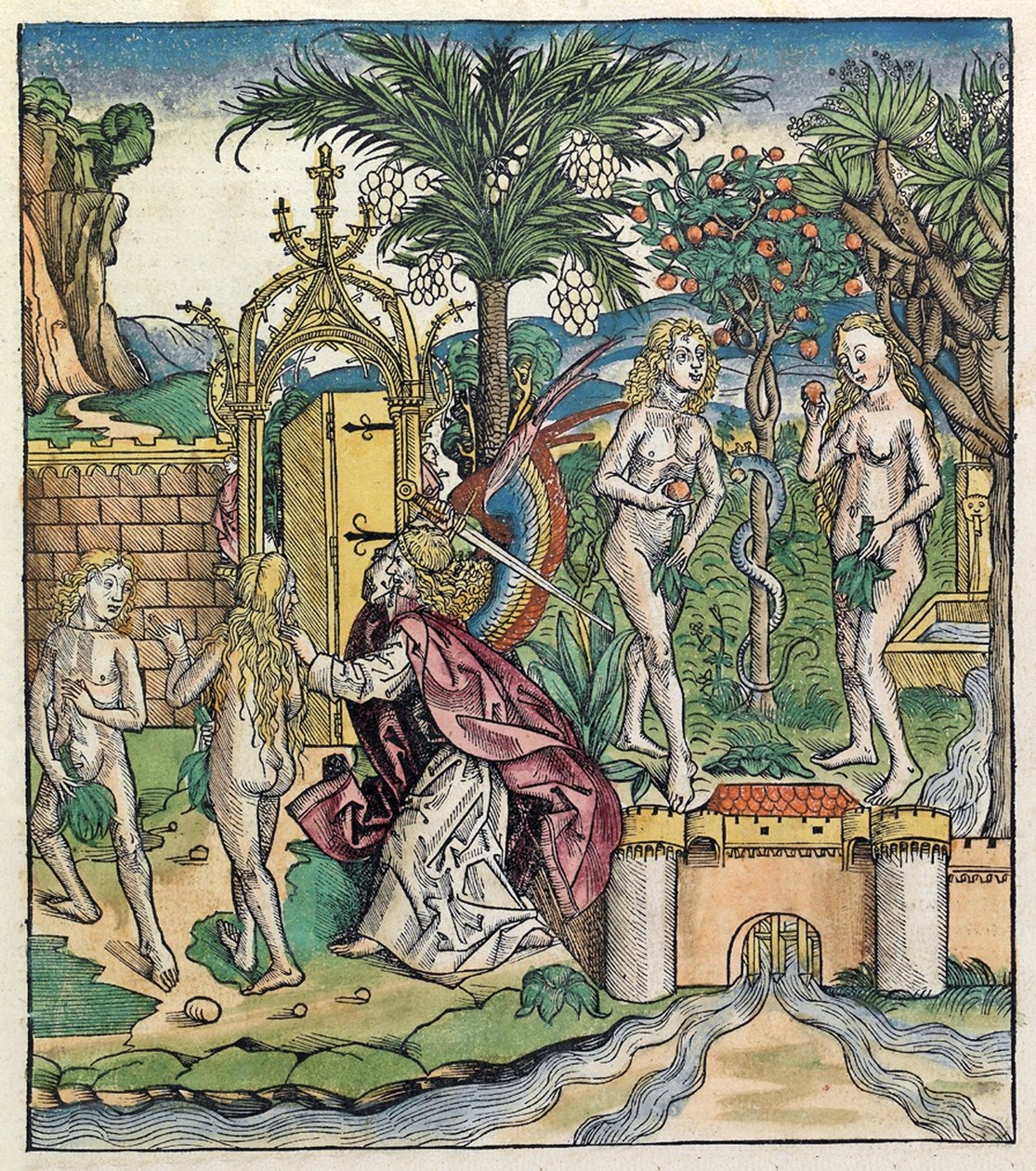 Adam en Eva worden verbannen uit Eden, gepubliceerd in de Neurenberg Kroniek, 1493 door German School