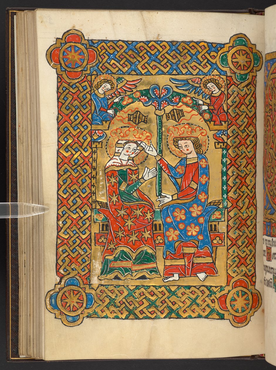 Add. 60629, f.56v Kroning van de Maagd, met wierook zwaaiende engelen door German School