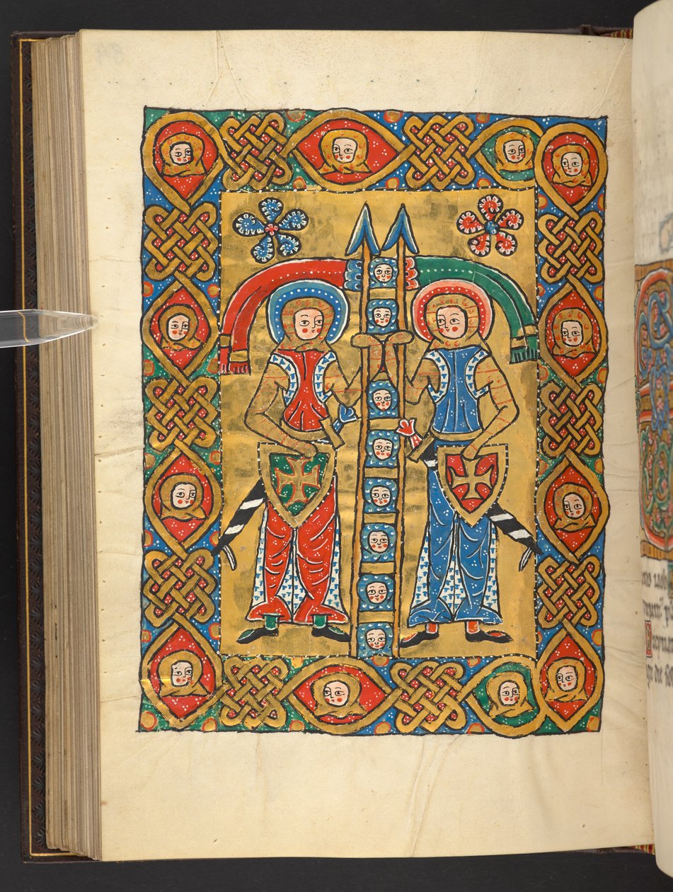 Add. 60629, f.84v Twee militaire heiligen, met de hoofden van anderen door German School
