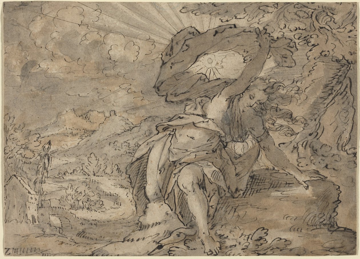 Allegorische vrouwenfiguur in een landschap [recto], ca 1600 (pentekening) door German School