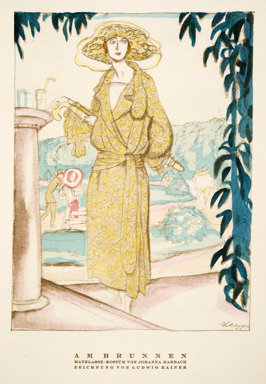 Am Brunnen, outfit van Johanna Marbach, uit Styl, pub.1922 (pochoirprint) door German School