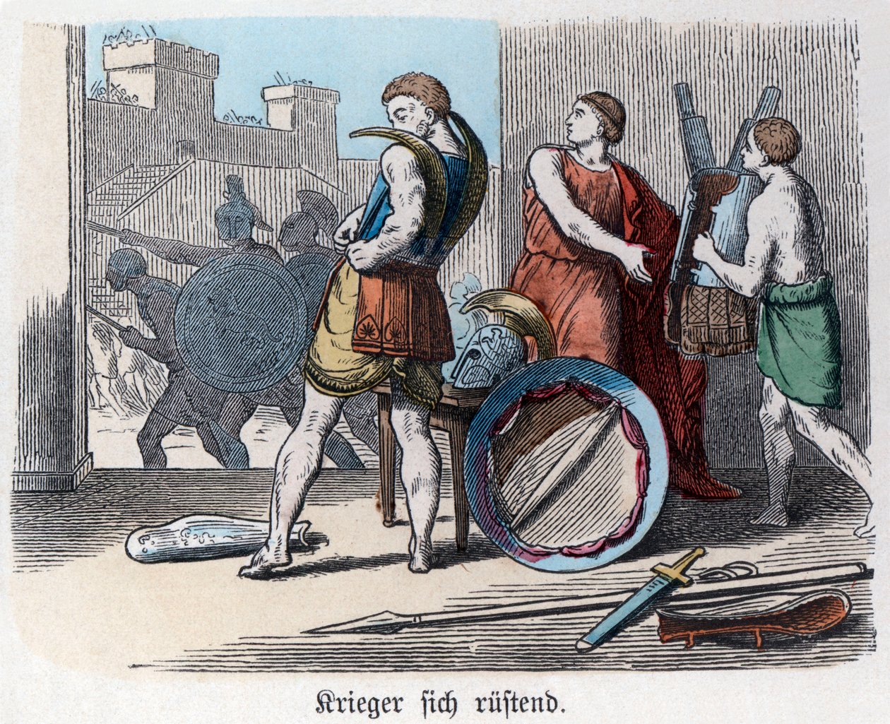 Oude geschiedenis. Griekenland. Griekse krijgers bewapenen zich voor oorlog. ... (gravure) door German School