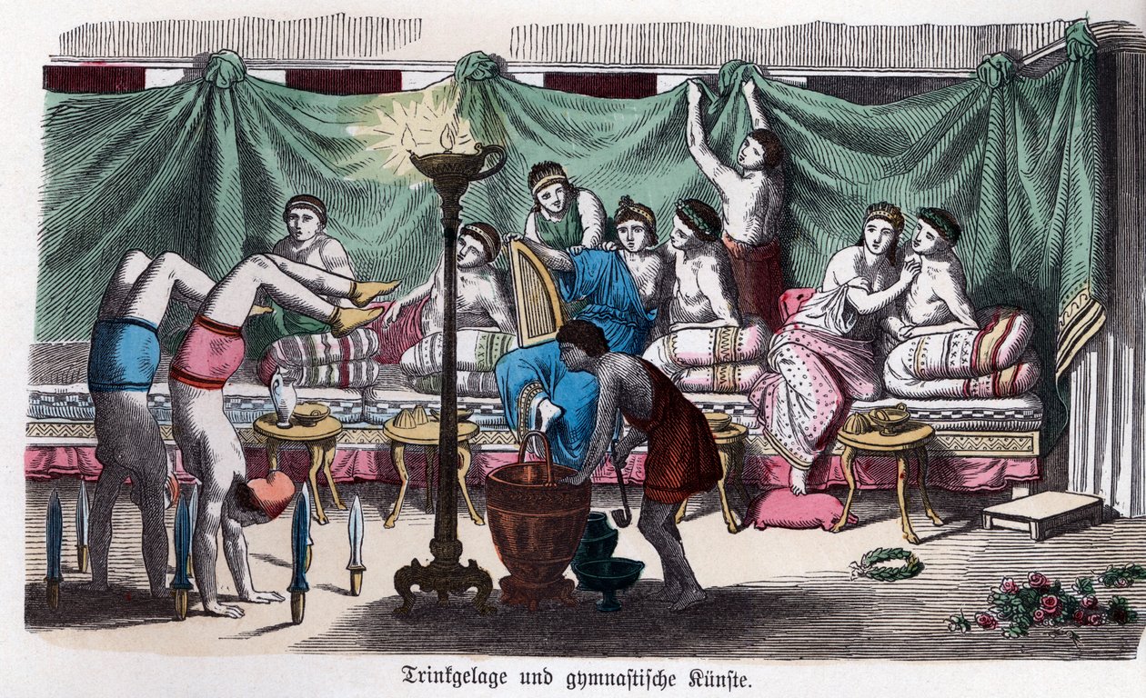 Oude geschiedenis. Griekenland. Scène van een banket en gymnastische spelen. ... (gravure) door German School