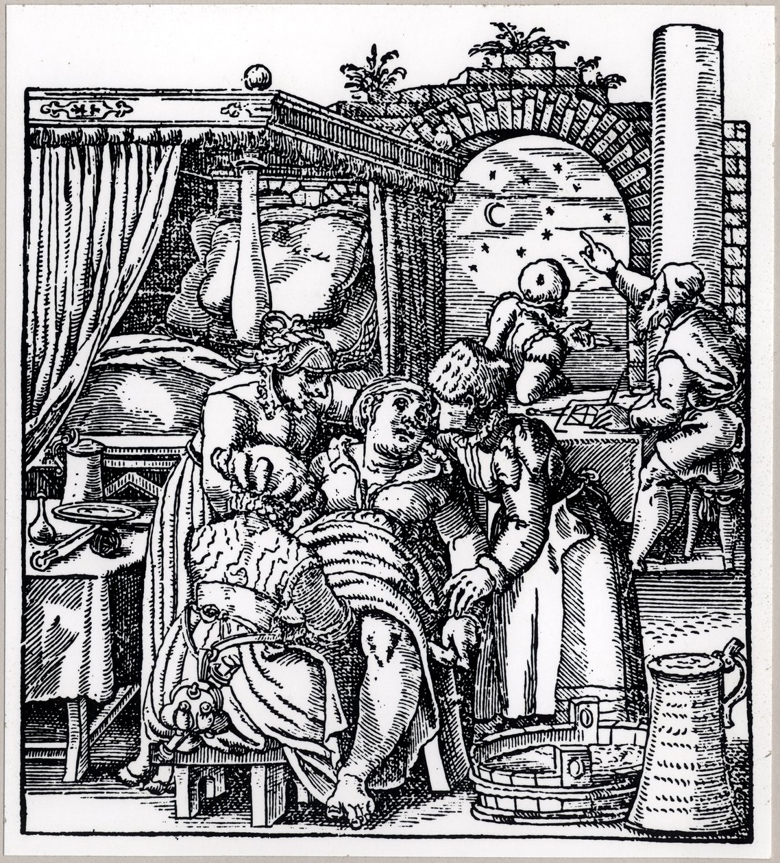 Astrologen maken een horoscoop voor het kind dat wordt geboren bij een vrouw in een geboortestoel, uit De Conceptu et Generatione Hominis door Jacob Rueff, gepubliceerd in Frankfurt, 1587 door German School