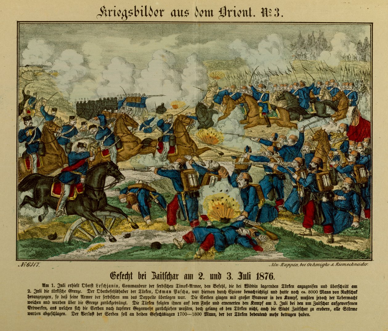 Slag bij Zajecar, 2-3 juli 1876, tijdens de Eerste Servisch-Ottomaanse oorlog (1876-77), Neuruppiner Bilderbogen, 1876 door German School