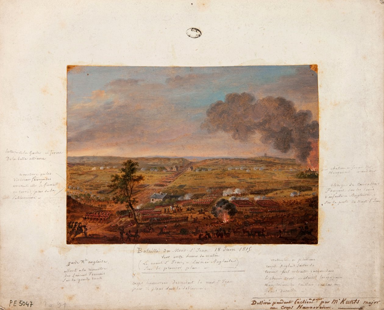 Slag bij Mont-Saint-Jean, getekend en geschilderd tijdens de actie door majoor Kunts van de Hannoveraanse eenheid, 18 juni 1815 door German School
