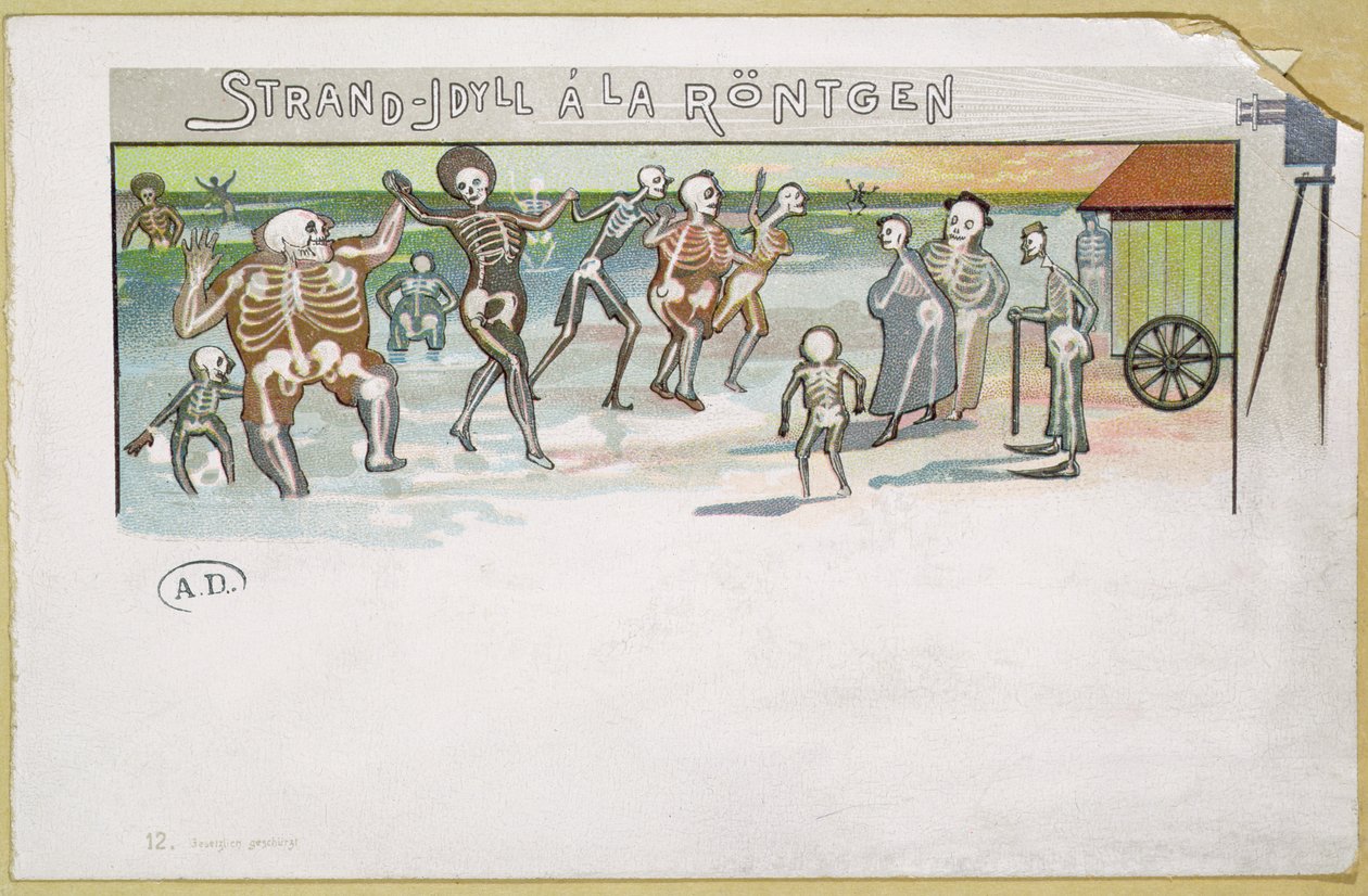 Strandidylle in Röntgenstijl, cartoon over röntgenstralen, ca. 1896-99 door German School