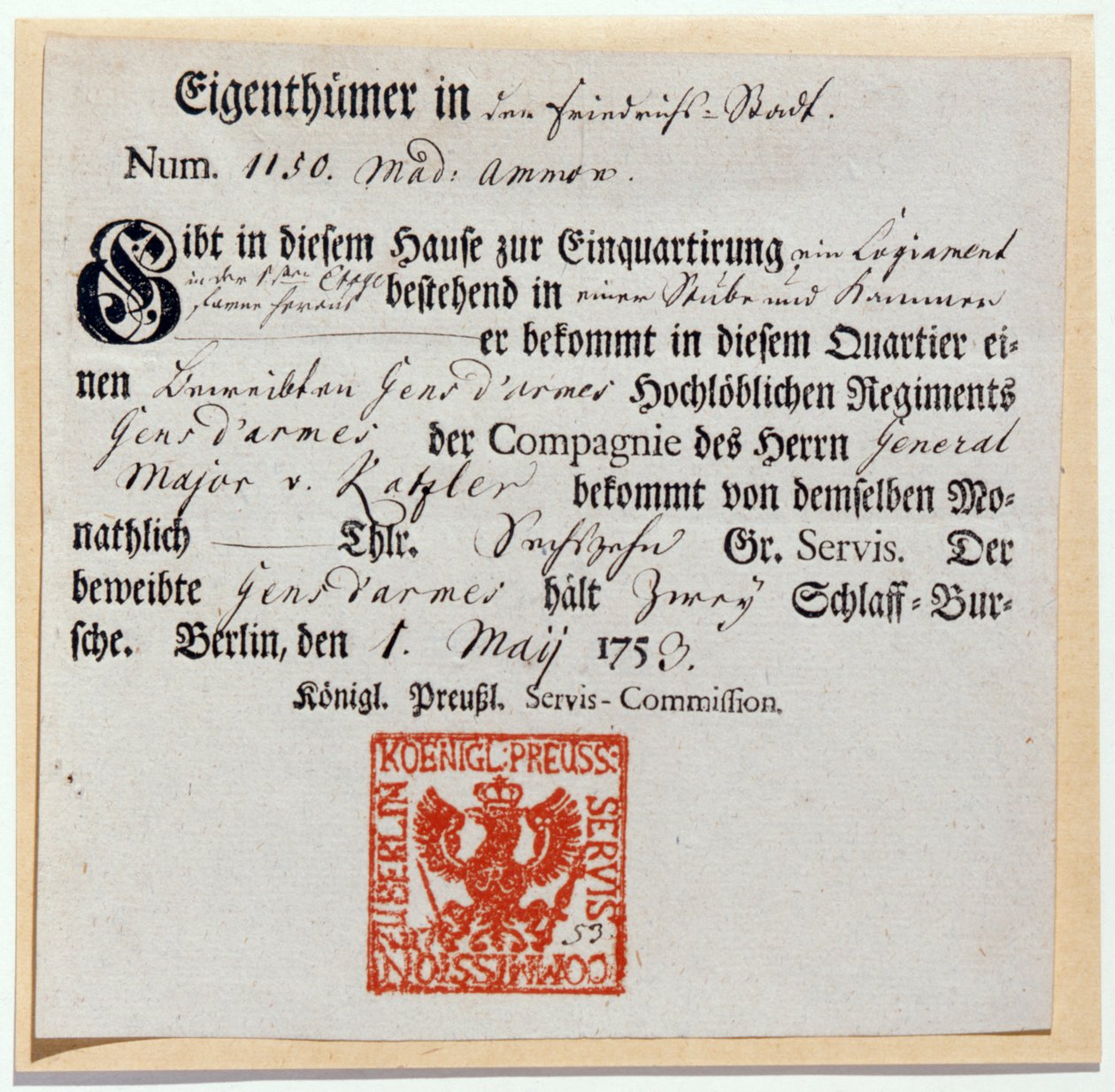 Inkwartieringsbon, 1759 door German School