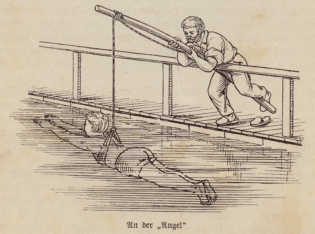 Jongen leert zwemmen (gravure) door German School