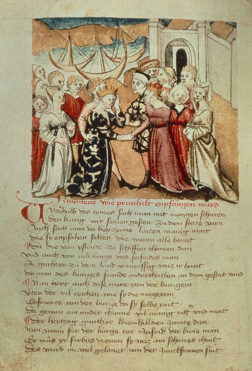 Brunhild betreedt Worms; Kriemhild begroet Brunhild en Gunther, uit de 