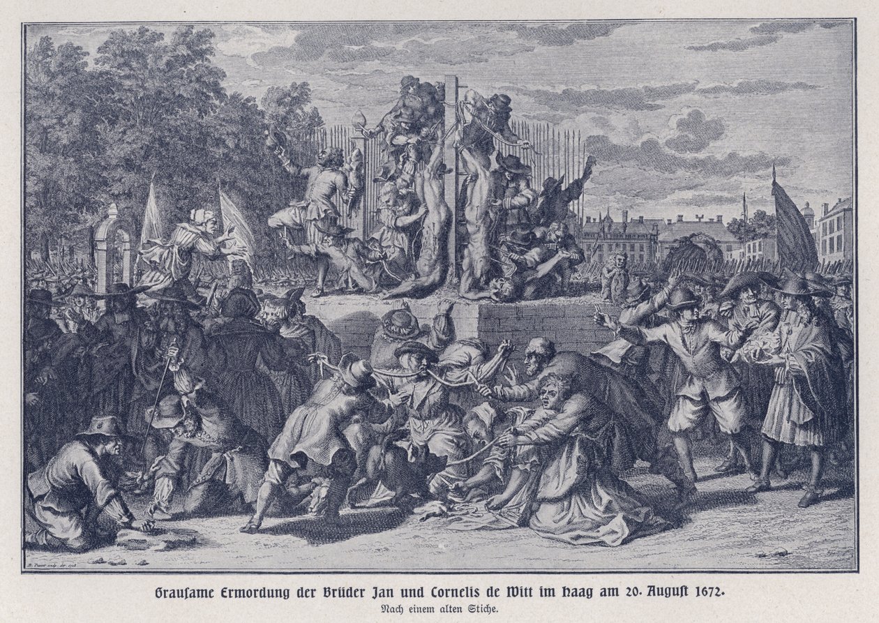 Brutale moord op de gebroeders Jan en Cornelis de Witt door een Oranjegezinde menigte, Den Haag, Nederland, 20 augustus 1672 (litho) door German School