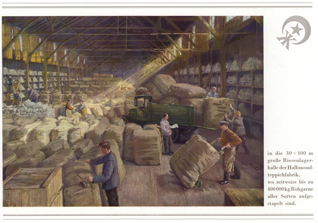 Bedrijf van tapijtfabrikant Halbmond-Teppichfabrik Von Koch Und Te Kock (kleurenlitho) door German School