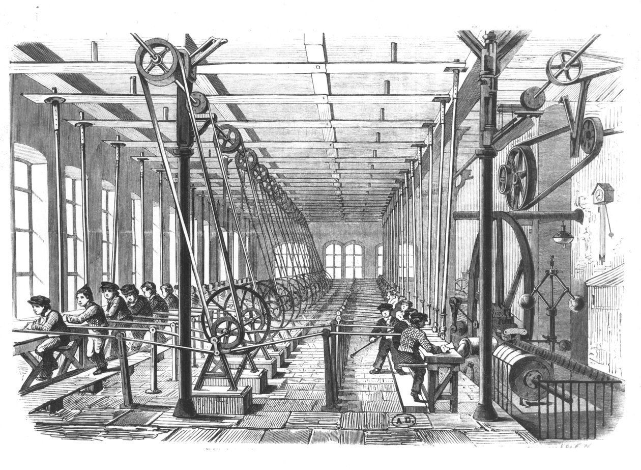 Kinderarbeiders in de papierfabriek in Aschaffenburg, Duitsland, 1858 door German School