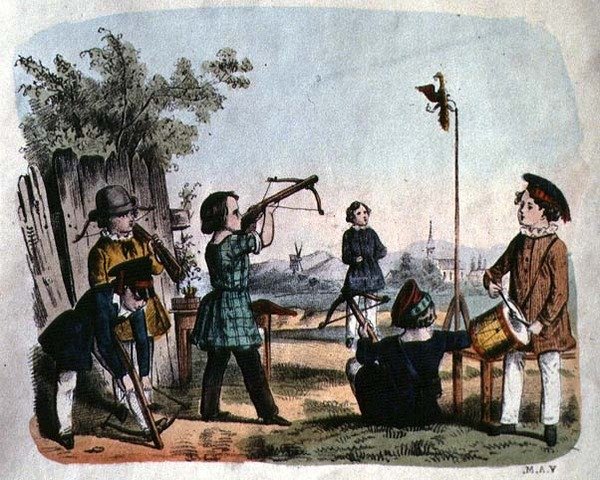 Kinderen die een Doelwit Schieten met een Haakbus, ca.1860 door German School
