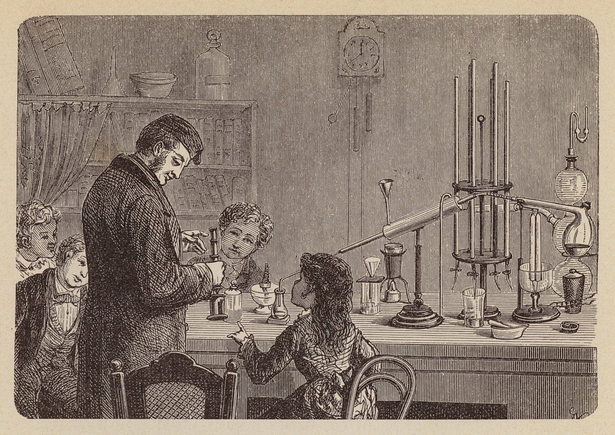 Kinderen kijken naar een wetenschappelijk experiment (gravure) door German School
