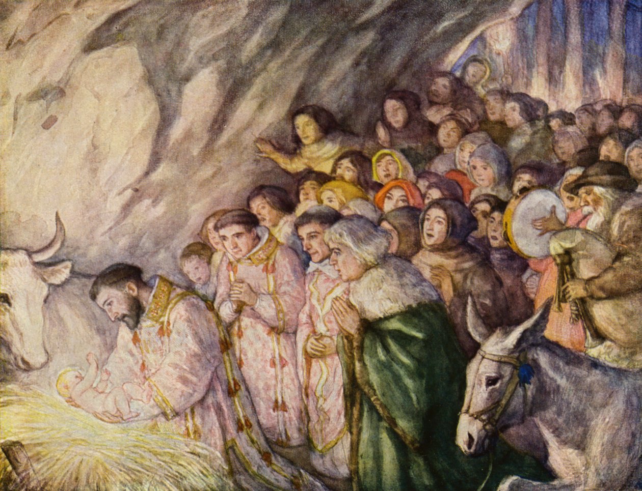 Kerstmis in het heiligdom van Greccio (kleurenlitho) door German School