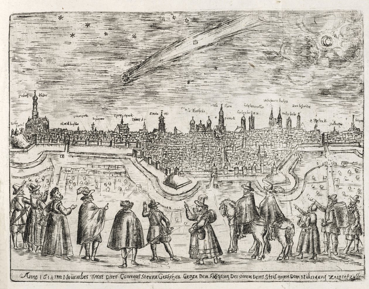 Komeet gezien boven Augsburg eind november 1618, uit Cometen Historia, uitgegeven 1618 door German School