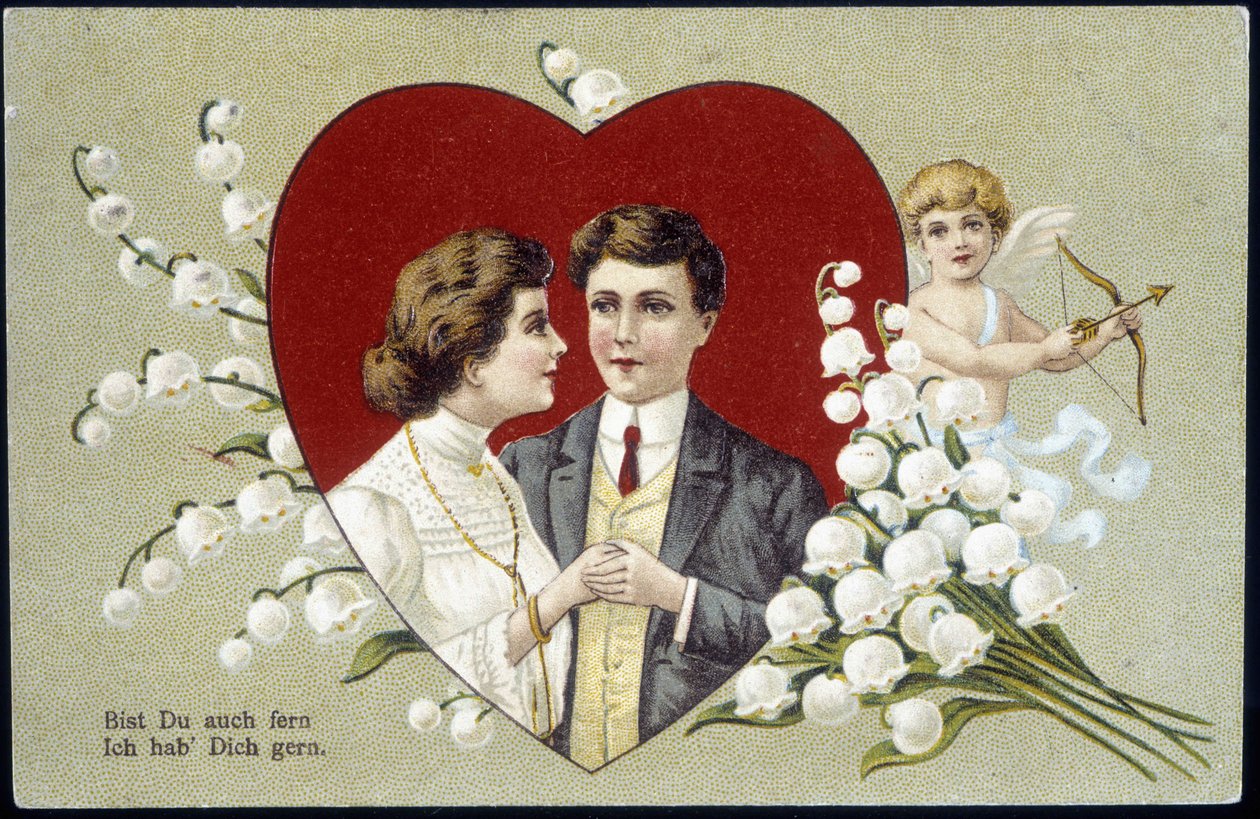 Koppel geliefden in een hart omringd door lelietje-van-dalen en Cupido (Eros) - Duitse ansichtkaart, 20e eeuw door German School