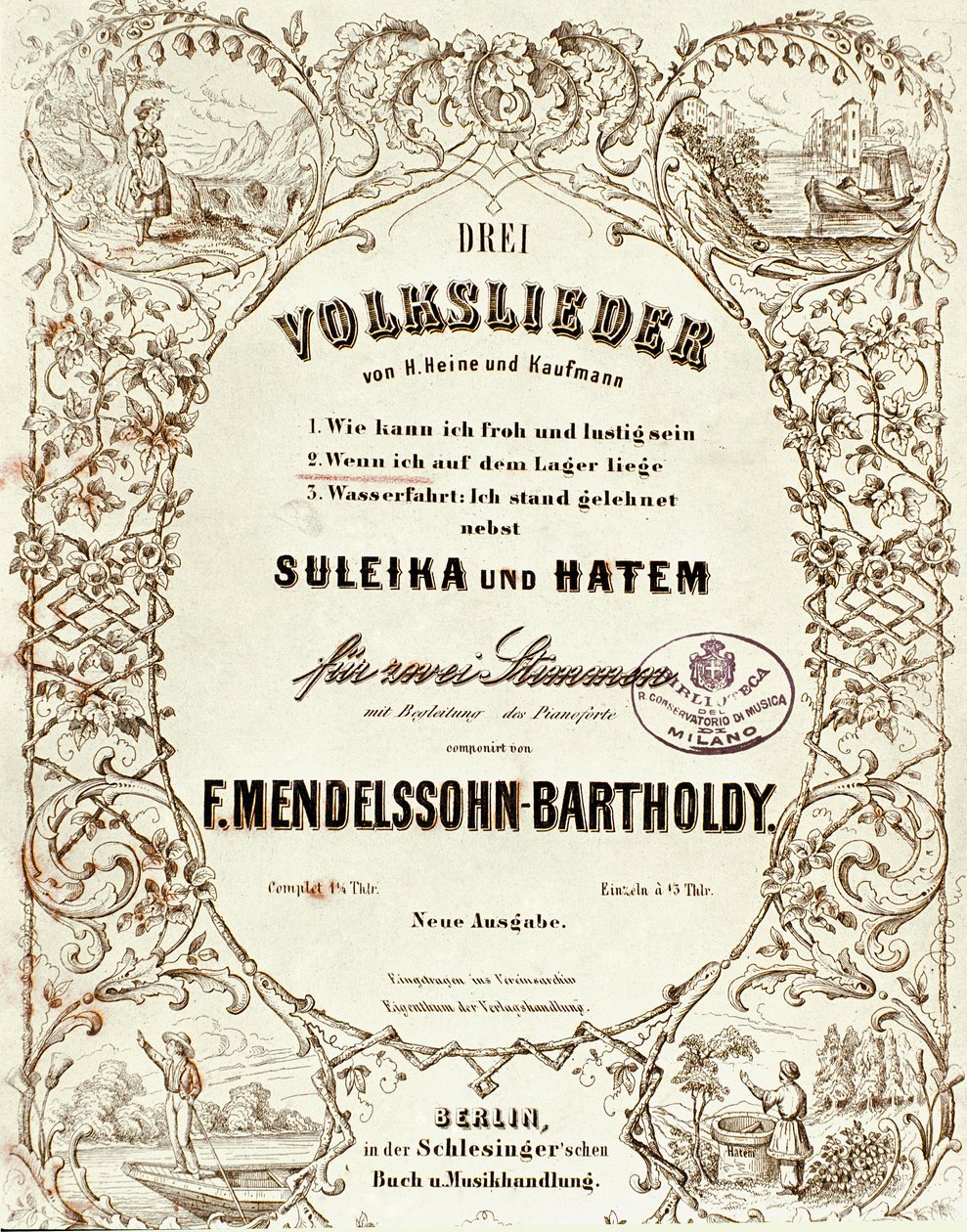 Omslag van de partituur voor Drei Volkslieder door Felix Mendelssohn door German School