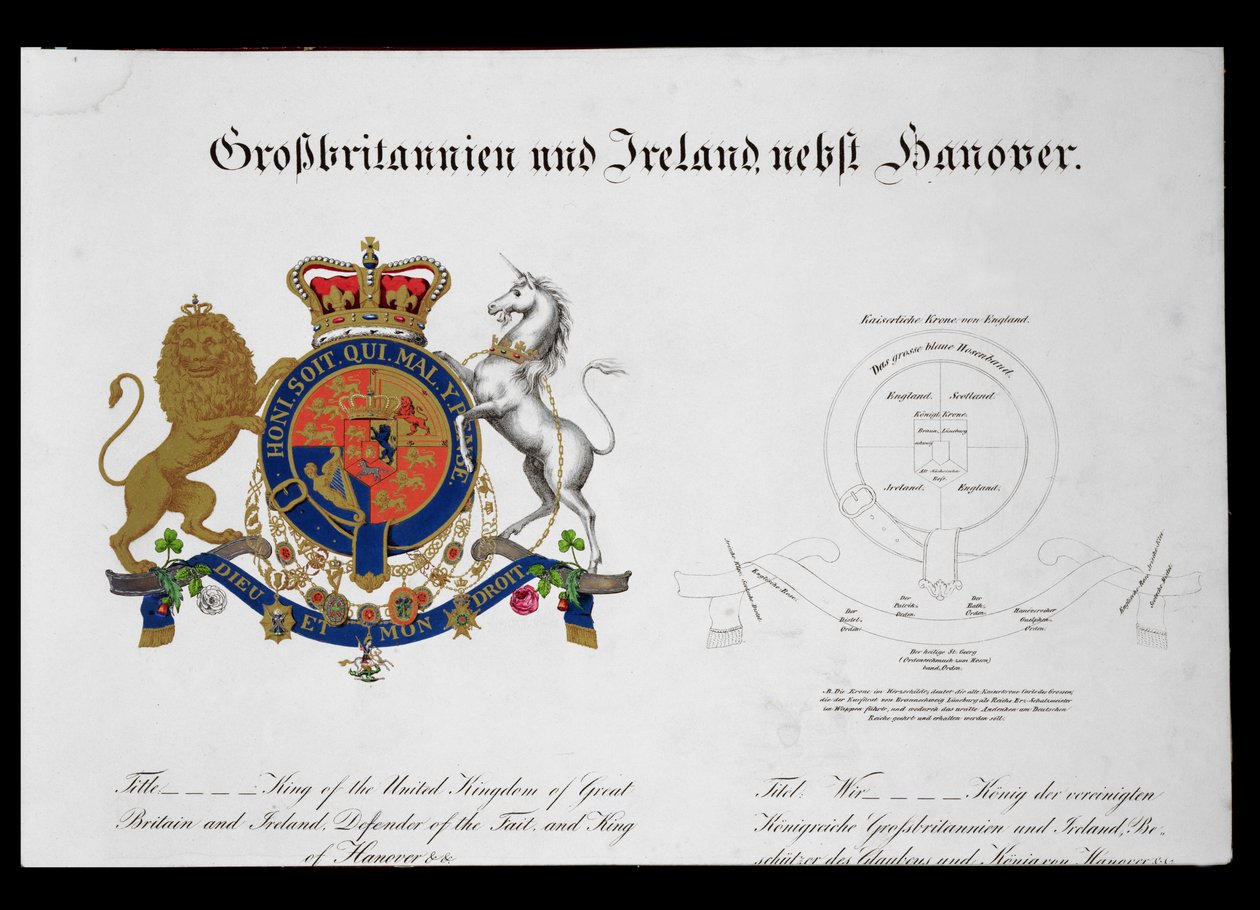 Wapen van de Koning van het Verenigd Koninkrijk van Groot-Brittannië en Ierland, Verdediger van het Geloof en Koning van Hannover (ca. 1801-37) door German School