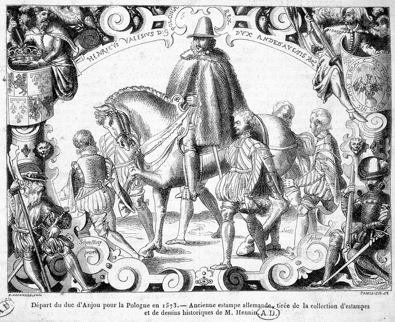 Vertrek van de hertog van Anjou naar Polen in 1573 (gekozen tot koning van Polen, hij zal zijn kroon in bezit nemen) - Een oude Duitse prent uit de collectie prenten en historische tekeningen van de heer Hennin door German School