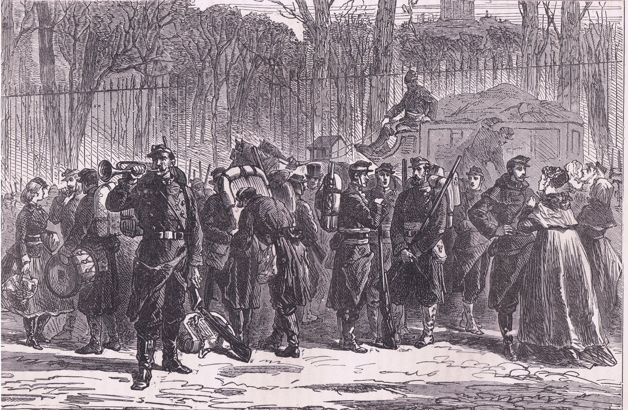 Vertrek van het Tiende Regiment Nationale Garde naar geavanceerde posten door German School