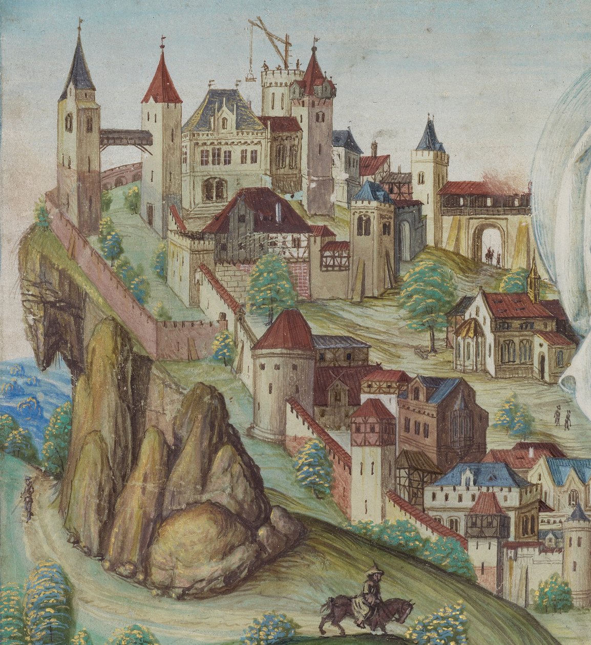 Detail van De Kruisiging, Duitse stad, eind 15e eeuw (tempera en goud op perkament) door German School