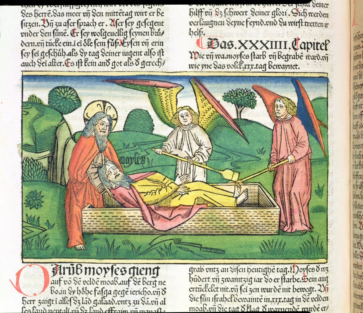 Deuteronomium 34 De dood van Mozes, uit de Neurenbergse Bijbel (Biblia Sacra Germanaica) door German School