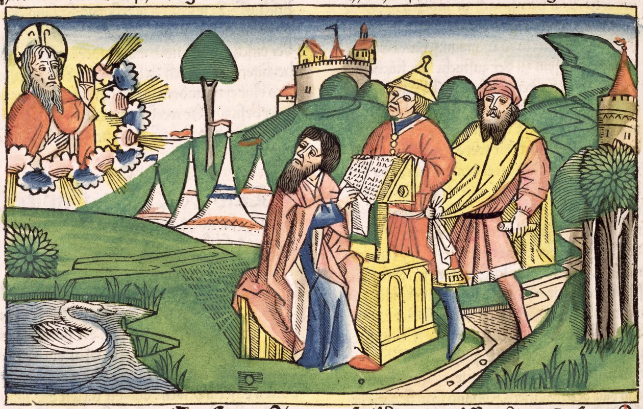 Deuteronomium: Frontispice waarin God de wetten maakt, uit de Neurenbergse Bijbel (Biblia Sacra Germanaica) door German School