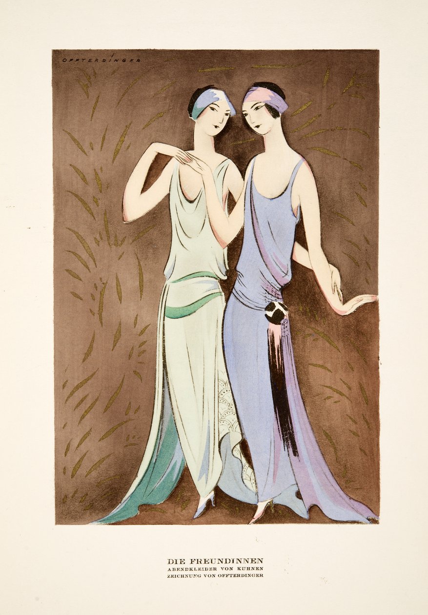 Die Freundinnen, jurken van Kuhnen, uit Styl, pub.1922 (pochoirdruk) door German School