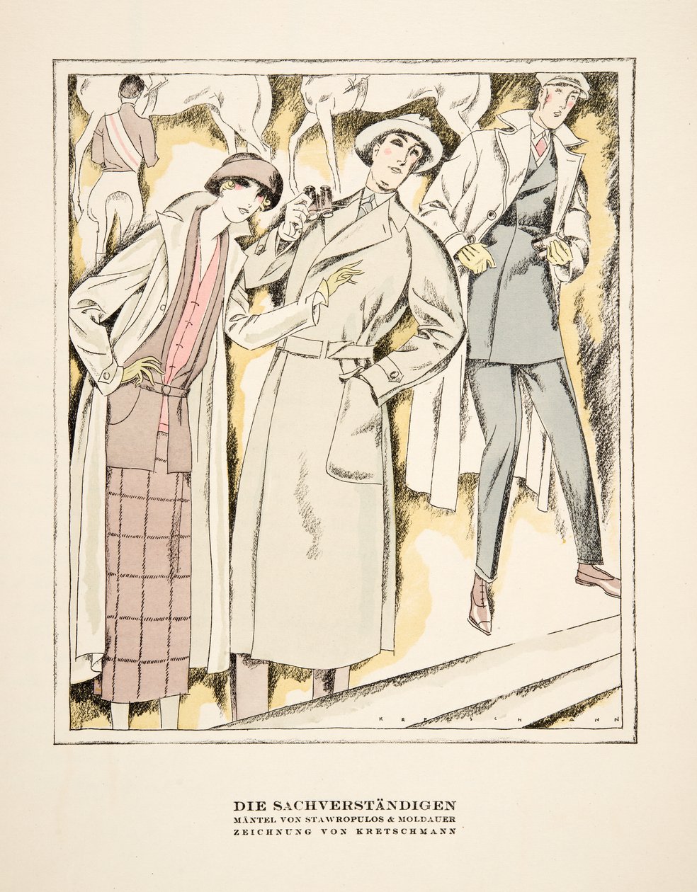 "Die Sachverständigen", reclame voor jassen van Stawropulos  Moldauer, uit Styl, pub.1922 (pochoirdruk) door German School