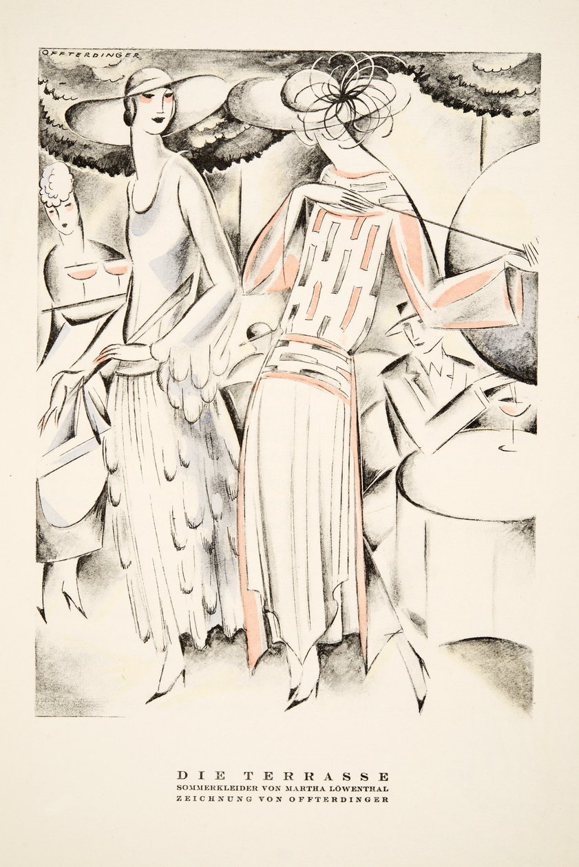 "Die Terrasse" Advertentie voor zomerjurken door Martha Lowenthal, uit Styl, pub.1922 (pochoirprint) door German School