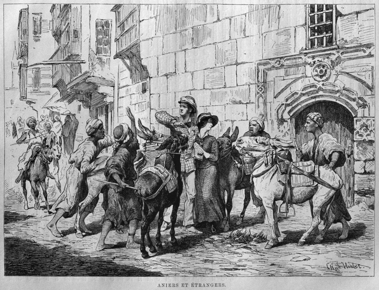 Ezeldrijvers en toeristen, uit LEgypte van Georg Moritz Ebers (1837-98), 1881 door German School
