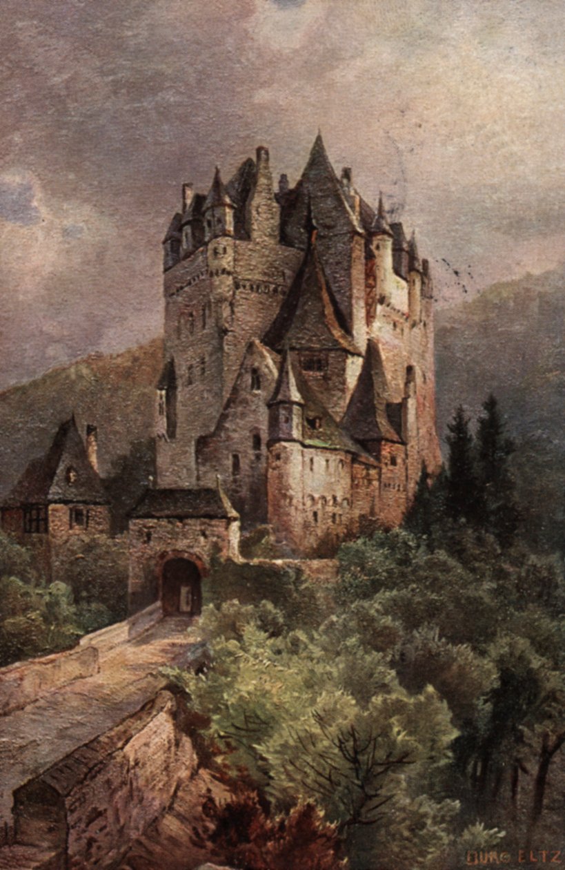 Kasteel Eltz, Moezeldal, Duitsland (kleurenlitho) door German School