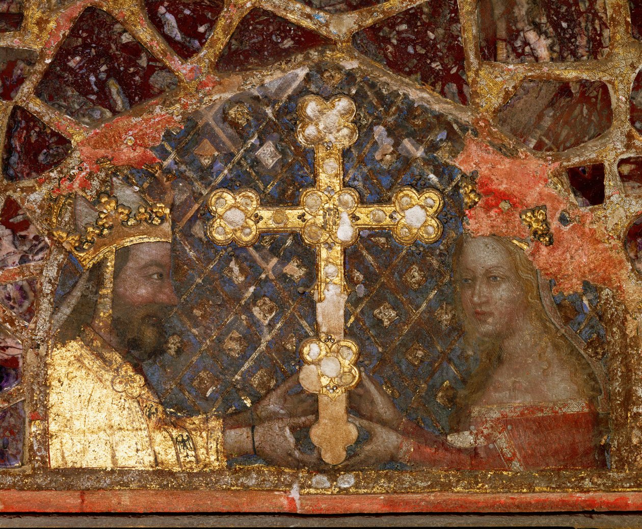 Keizer Karel IV en zijn derde vrouw Anna von Schweidnitz met een reliekschrijn-kruis ... door German School