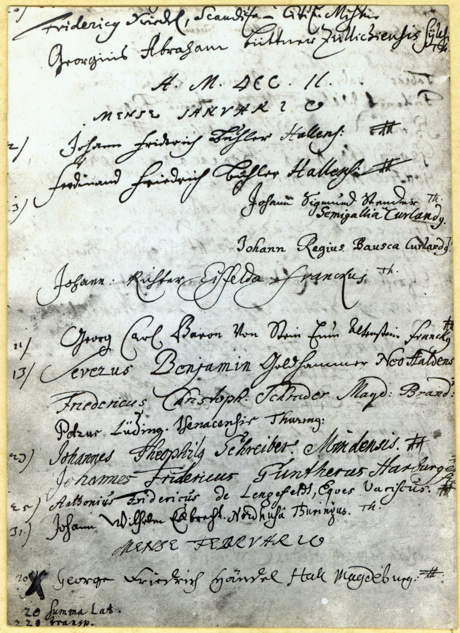 Inschrijving in de Halle University records, met de naam van Handel, 1702 door German School