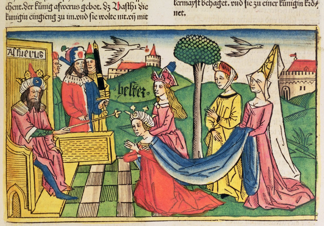 Esther 2:15-18, Esther wordt gekozen tot koningin door de Perzische koning Ahasveros, uit de Neurenbergse Bijbel (Biblia Sacra Germanaica) door German School