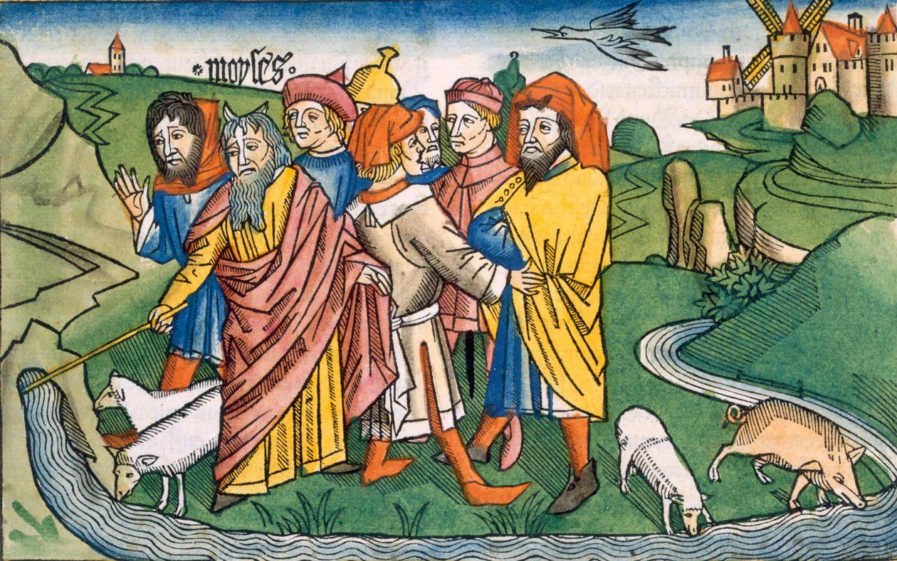 Exodus 17:1-7 Mozes laat water stromen uit de rotsen van Horeb, uit de Neurenbergse Bijbel (Biblia Sacra Germanaica) door German School