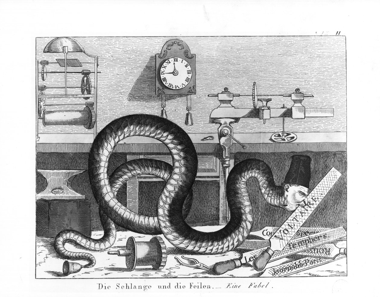 Fabel van de slang en de vliegen (gravure) door German School