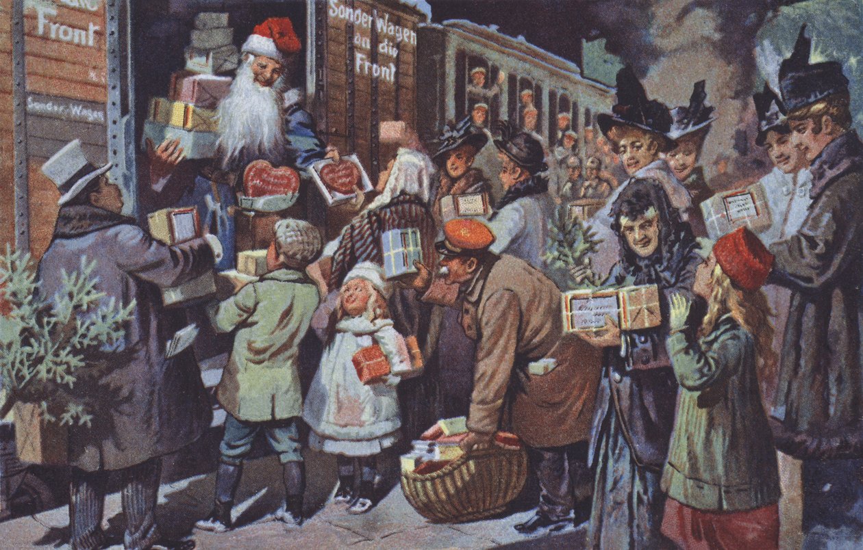 De kerstman laadt pakjes met geschenken in een trein om ze naar de Duitse troepen aan het front te brengen, Eerste Wereldoorlog (kleurenlitho) door German School