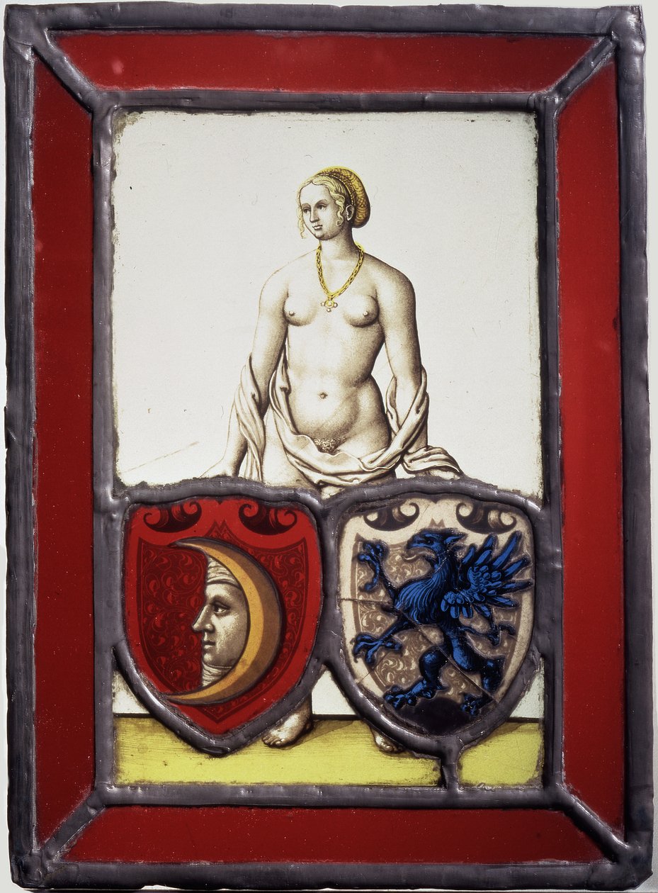 Vrouwelijk naakt met twee heraldische schilden, ca. 1535 (potmetaal, geflatteerd en helder glas, gele beits en zwarte glasachtige verf) door German School