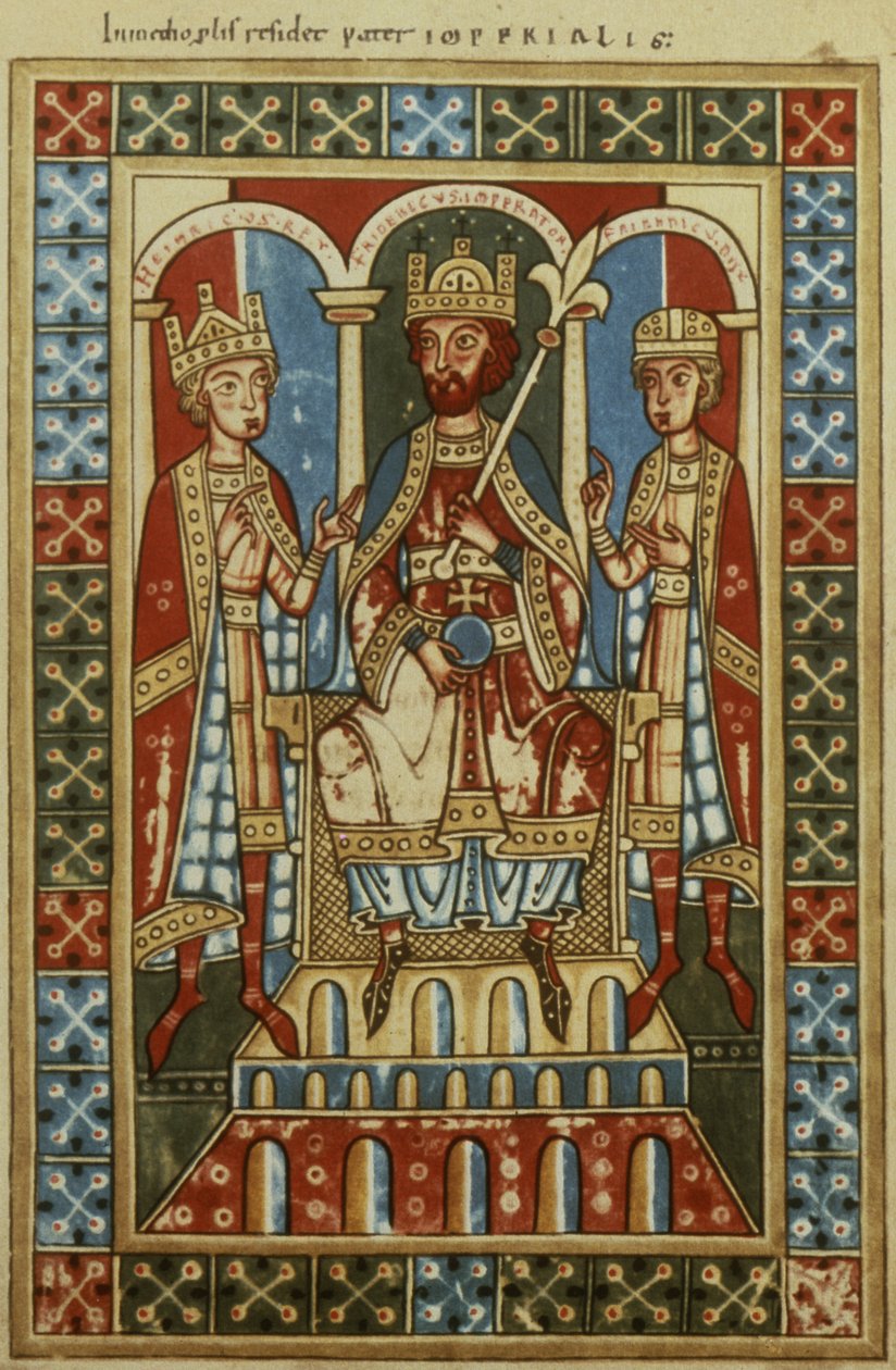 Frederik I met zijn twee zonen koning Hendrik VI en hertog Frederik, ca. 1180 door German School