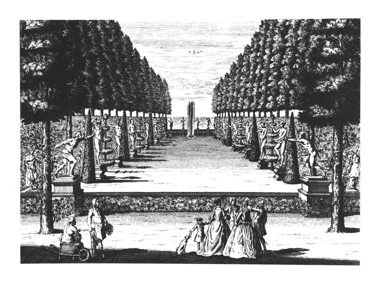 Tuin Theater in Herrenhausen, gegraveerd door Joost Van Sasse door German School